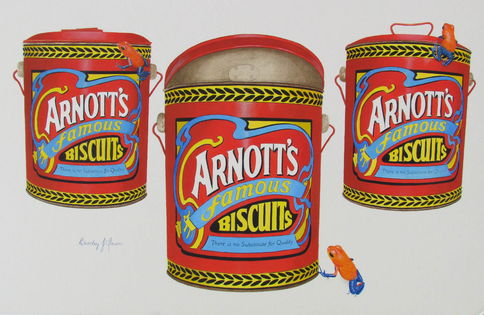 Arnott's biscuit tins and a frog